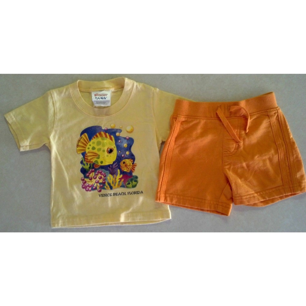Girl's Boy's Sz 12 M Months 2 Pc Outfit Yellow Fish Designed Top & Orange Shorts